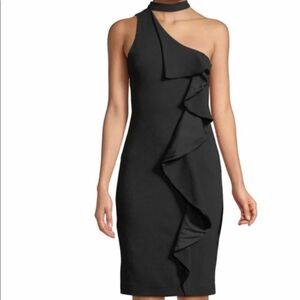 BEBE Mini Asymmetrical Ruffled One Shoulder Cocktail Dress
